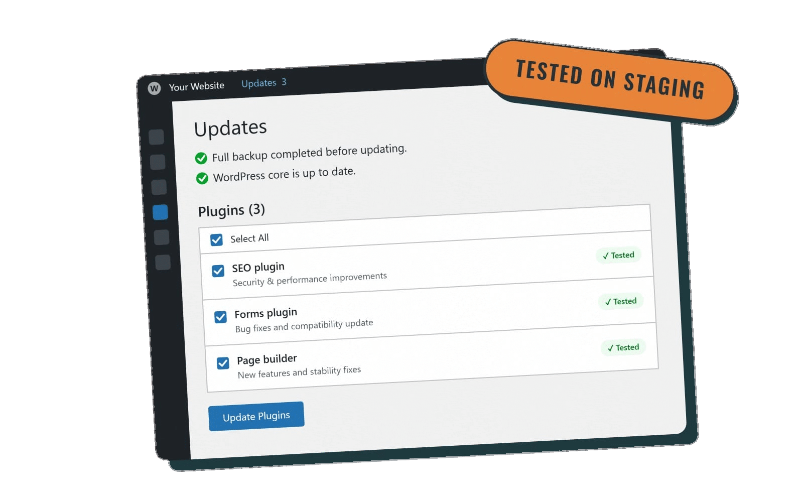 WordPress updates screen with a backup completed and plugins marked tested on staging